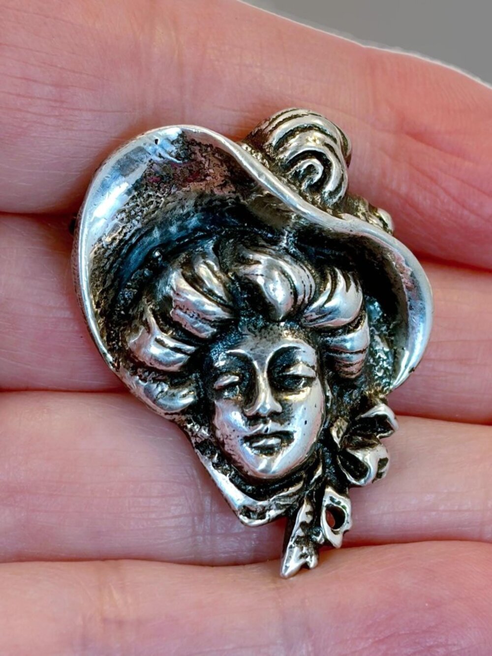 Vintage Sterling Silver Brooch: 1920s Gibson Girl, Victorian Style, Face